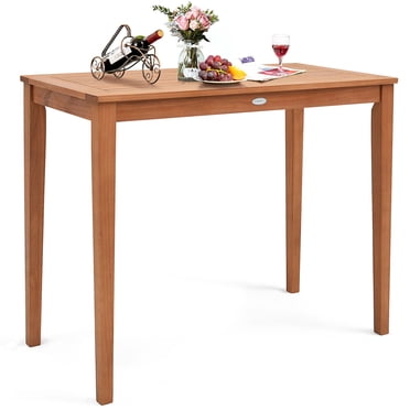 Costway Table de Bar d'Extérieur 48 Pouces Hauteur de Bar en Bois d'Eucalyptus Plateau à Lattes pour Patio Salle à Manger