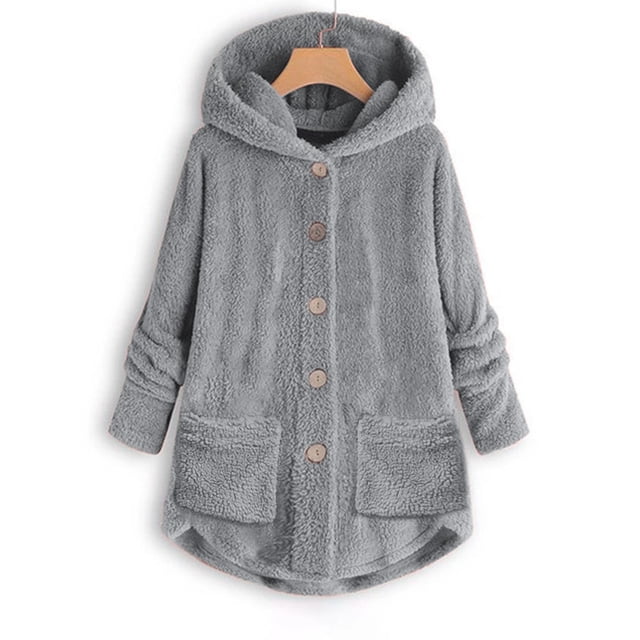 Qertyioot Women Plus Size Button Plush Tops Hooded Loose Cardigan Wool Coat Winter Jacket