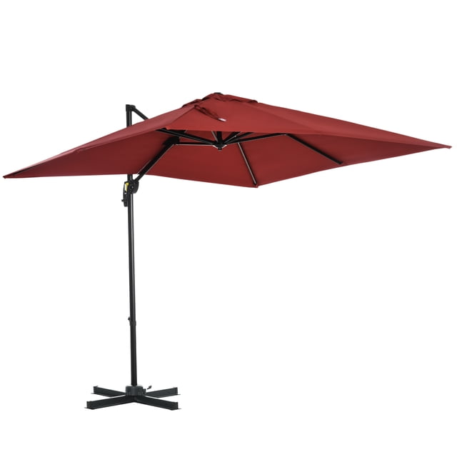 Outsunny Parasol Suspendu Déporté Carré 8 Pieds X 8 Pieds pour Patio avec Base en Croix, Rouge Vin. Doté d'Un Auvent en polyester Résistant aux UV, Supporté par un Poteau en Aluminium et Huit Baleines en Acier avec Revêtement en Poudre. Comprend un design cantilever avec rotation à 360 Degrés, Cinq positions d'Angle Réglables et une Évent Supérieur pour la Circulation d'Air. Offre une protection Élémentaire pour patios, Jardins et Espaces Extérieurs.