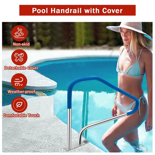 BeesClover Main Courante de Piscine, Rampes de Piscine 49.4 Po x34 Po pour Piscines Creusées, Rambarde d'Escalier de Piscine en Acier Inoxydable 304 avec Couvercle de Prise