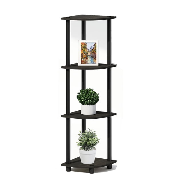 Étagère d'Angle à 4 Niveaux, Assemblage Facile par ITY INTERNATIONAL, Étagère d'Angle Moderne avec Quatre Niveaux Triangulaires Soutenus par des Poteaux Verticaux Noirs. Parfaite pour la Déco de la Maison, Elle Optimise l'Espace des Coins et Affiche des Articles comme des photos Encadrées et des Plantes en Pot. Rapide, Outil-free assembly.