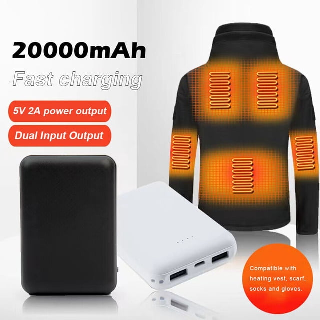20000mAh Power Bank Battery Backup for heated vests, thermal jackets, and gloves. Features dual input/output USB-C connectivity, 5V 2A power output, and reusable ABS material. Includes charging cable. Ideal for phone charging and compatible with heating apparel and accessories.