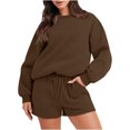 thumbnail image 1 of Ensemble de Survêtement pour Femmes avec Shorts, Tenue 2 Pcs pour l'Automne, Chandails à Manches Longues Décontractés Surdimensionnés à Col Rond, Shorts à Taille Élastique, Ensembles Assortis Brun, 1 of 7