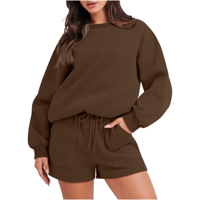 Ensemble de Survêtement pour Femmes avec Shorts, Tenue 2 Pcs pour l'Automne, Chandails à Manches Longues Décontractés Surdimensionnés à Col Rond, Shorts à Taille Élastique, Ensembles Assortis Brun