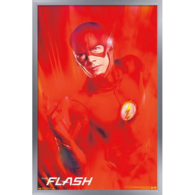 DC Comics TV - The Flash - Affiche Murale d'Art, 22,375 Pouces x 34 Pouces, Représentant le Flash dans Sa Combinaison Rouge avec un Emblème de Foudre Jaune sur la Poitrine, Montré dans une pose Centrée, Orientée vers l'Avant avec des Effets de Flou de Mouvement Rouges Symbolisant la Vitesse, Imprimée sur Papier d'Affiche Lustré avec un Cadre Argenté, Convient à la Décoration Murale de Chambre Ou de Bureau.