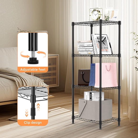 M MZG 4-Tier Metal Storage Rack, Shelving Unit with for Home, Kitchen, Living Room, Bathroom (Black, 4 Tier,11.8" D × 17.7" W× 41.9" H)