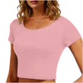 thumbnail image 2 of VSSSJ Hauts Courts pour Femmes Manches Courtes Col Rond Extensible Chandail Décontracté Ajusté Uni Confortable Été Basique T-Shirts Courts Kaki Taille Unique, 2 of 5