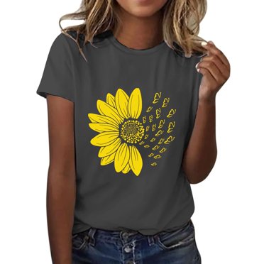 T-shirt Vintage à Fleurs Col Rond Boho Floral Fleurs Sauvages Graphique Décontracté Cottagecore Manches Courtes T-Shirt Imprimé Tournesol Papillon Mode Léger Gris Foncé TG