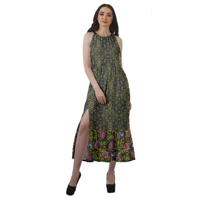 Moomaya Robe Longue Maxi de Fête pour Femmes en Rayonne Imprimée à Encolure Licou avec Fente avant