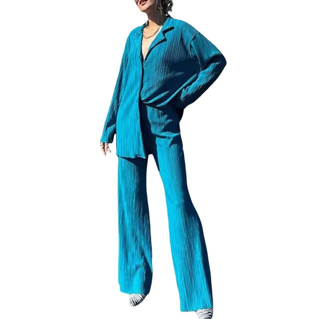 Faithtur Nouvelle Mode Femmes Décontracté Ensemble 2 Pcs Chemise Plissée à Manches Longues Boutonnée + Pantalon