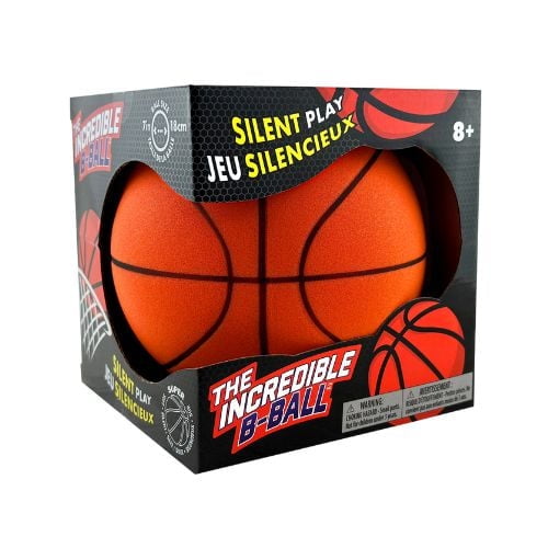 Incredible B-ball noiseless basketball in bright orange with black lines, shown in black and red packaging featuring bilingual English-French text and silent play branding, ideal for quiet indoor and outdoor basketball practice for ages 8 and up.