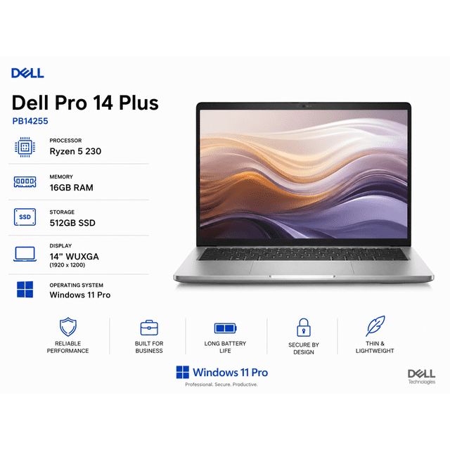 Dell Pro 14 Plus PB14255 / Ryzen 5 230 / 16 Go RAM / 512 Go SSD / 14 Pouces WUXGA / Windows 11 Pro (Neuf)