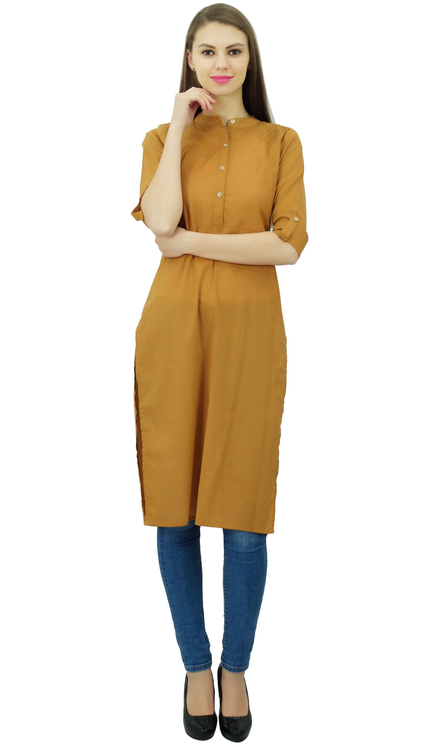 Phagun Kurti Tunique Unie en Coton Col Mandarin Kurta Blouse Ethnique Décontractée