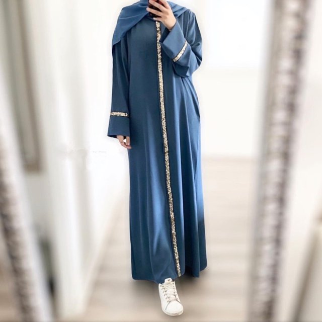 Robes d'Été pour Femmes 2025 Couleur Unie Manches Longues Bouffantes Col Rond Maxi Musulmane Robe Soleil Décontractée Bleue m