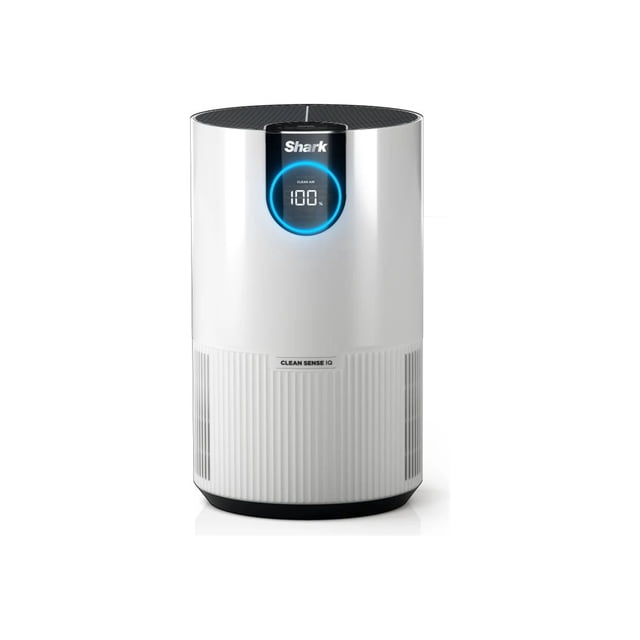 Shark HP102 Floor-Standing Air Purifier in white, featuring a compact cylindrical design with a digital display showing real-time air quality. Equipped with Clean Sense IQ for automatic air quality adjustments and a HEPA filter that captures 99.98% of airborne particles. Suitable for rooms up to 500 square feet.