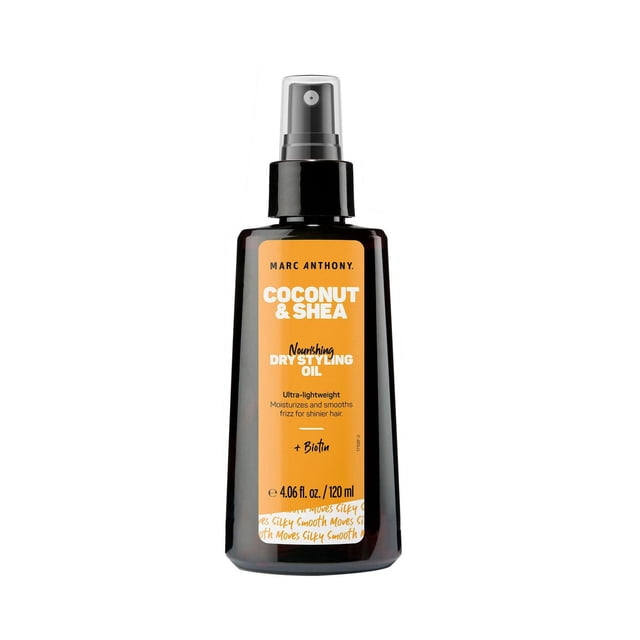 Marc Anthony Hydrating Coconut Oil & Shea Butter Dry Styling Oil in a 120 ml dark amber spray bottle with an orange label, ultra-lightweight formula that hydrates dry, brittle hair without heaviness, smooths frizz, and adds shine, suitable for daily use on dry or damp hair.