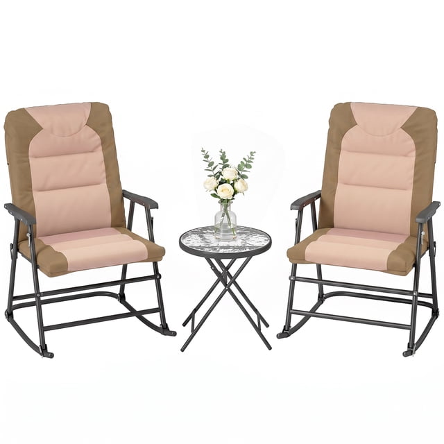 Outsunny 3pc Patio Foldable Rocking Chair Set, Light Brown