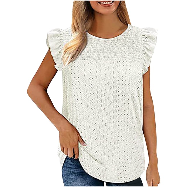 Plus Size Summer Tops for Women Crochet Crewneck Ruffle Shorts Sleeve T Shirts Loose Blouses