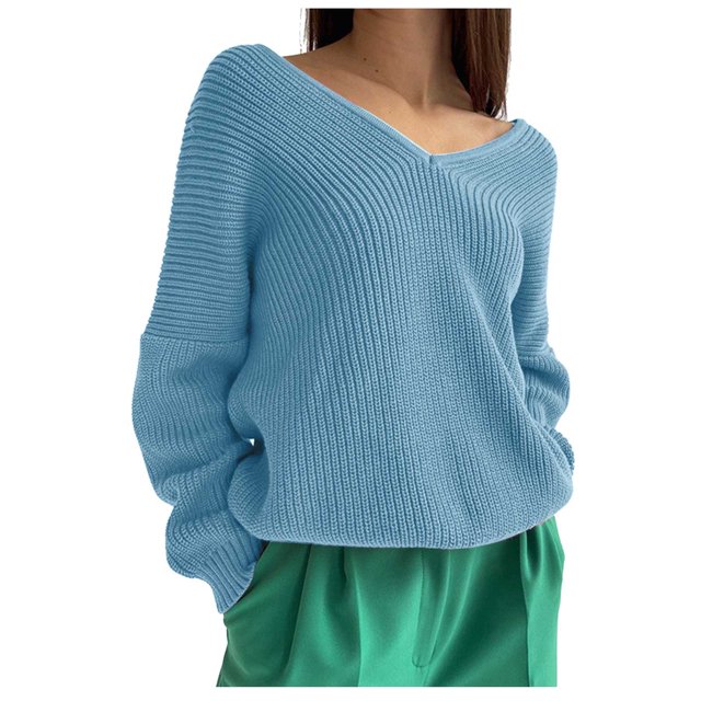 EGNMCR Chandails pour Femmes Mode Chandail Décontracté à Manches Longues Uni Tricoté à Col en V