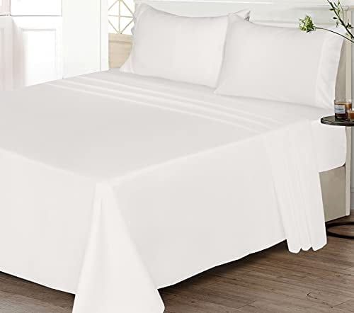 Ruvanti 100% Cotton Bed Sheets, 4 Pcs Bed Sets, Off White Full Size Sheets Set, Soft, Breathable Fabric, Deep Pocket Sheets, Cooling Bedding Sheets Set Include 1 Flat, 1 Fitted Sheet, 2 Pillowcases.