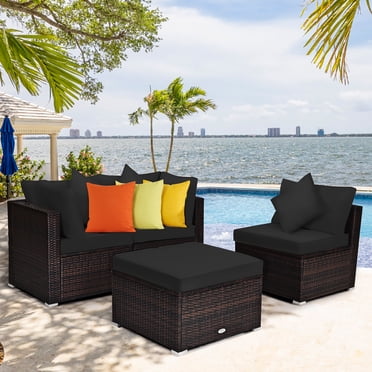 Costway 4PCS Patio Rattan Furniture Set Sofa Ottoman Cushion Garden Deck Black