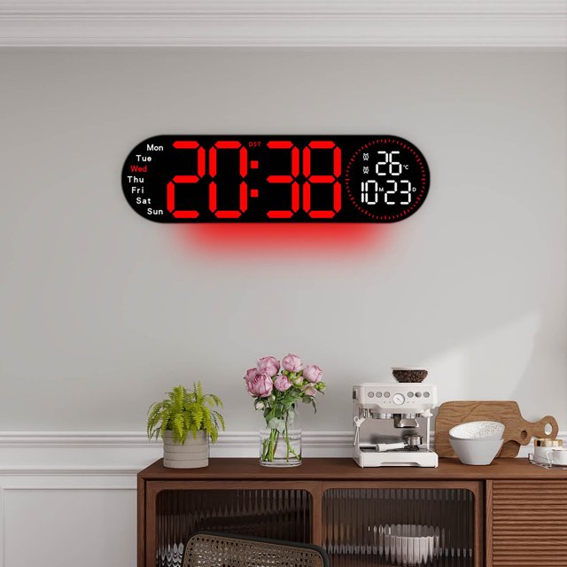 TACILIP Wall Clock, 17.3-inch Living Room Wall Clock with Multifunctional LED Electronic Clock Large Size Alarm Clock Temperature and Humidity Clock, Gifts for Men