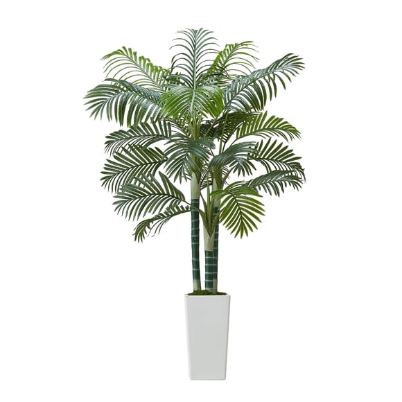 KFFKFF Artificial Areca Palm Tree 6 ft, Fake Palm Tropical Plants with White Tall Planter, Faux Floor Silk Plant in Pot, Large Trees