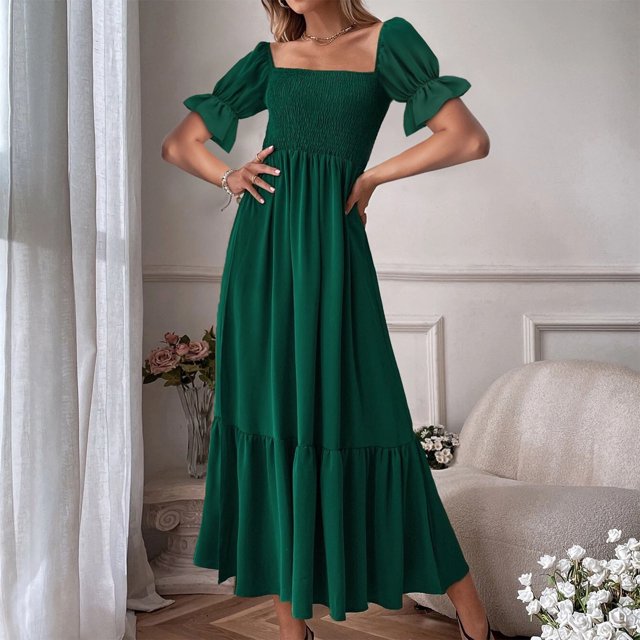 SMihono Robe Bohème d'Été pour Femmes Grande Taille Mode Décontractée d'Été Col Carré Uni Manches Courtes Femmes Robe pour Femmes Longues Robes