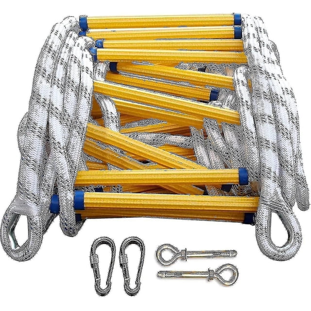 Born Pretty Échelle d'Évasion contre l'Incendie de 5 m, une Échelle de Corde d'Urgence Résistante aux Flammes Fabriquée en Résine Haute Résistance et nylon durable. l'Échelle Présente des Barreaux Jaunes avec Capuchons d'Extrémité Bleus, des Cordes Tressées Blanches, et Comprend des Mousquetons et des Ancres en Métal pour une installation Sécurisée. Conçue pour une Utilisation sur des Cadres de Fenêtre de Tailles Variées, Elle Convient aux Évacuations d'Urgence, aux Cadres d'Escalade, aux Balançoires Ou à l'Escalade d'Arbres. Compacte et Facile
