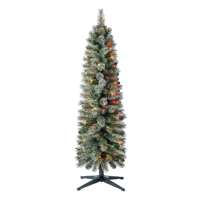 Home Heritage Stanley 5' Pine Artificial Christmas Tree, PreLit with 150 multi-color incandescent lights. Crafted from durable PVC material, this slim pencil tree stands 60 inches tall and 16 inches wide, featuring 186 lush foliage tips and a sturdy metal stand. Ideal for compact spaces or festive group arrangements.
