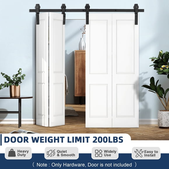 Bi-Fold Door Hardware Kit - Heavy Duty 60" Black Sliding Barn Door Track System for Four 14" Closet Doors - Smooth & Quiet Rollers - Easy DIY Installation for Closets & Laundry Rooms (Hardware Only)