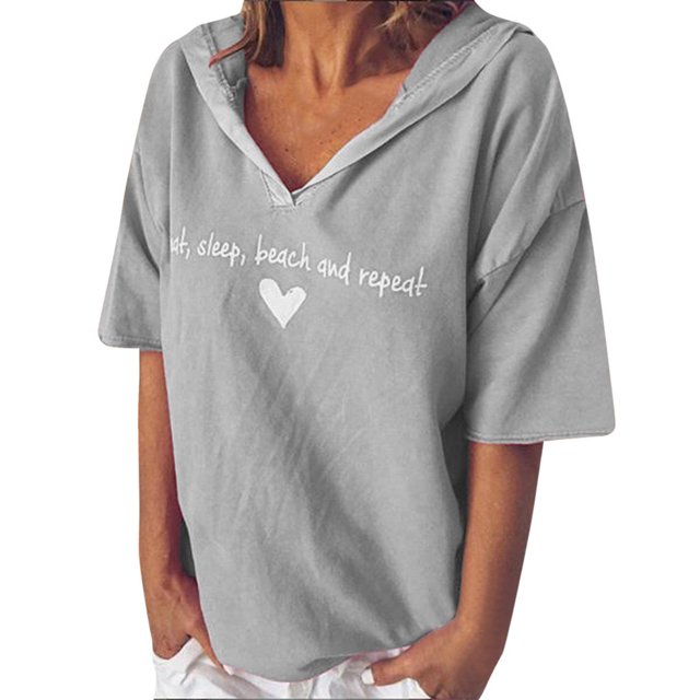 Mode Femme Décontractée Manches Courtes Col en V Imprimé Lettre T-Shirt Blouse