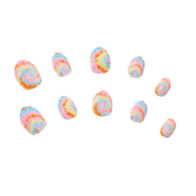 Claire's Faux Nails Set Neon Tie Dye featuring a collection of acrylic press-on nails with vibrant tie-dye patterns in neon shades of pink, blue, orange, and yellow. The nails are displayed against a white background, showcasing their trendy and fun design.