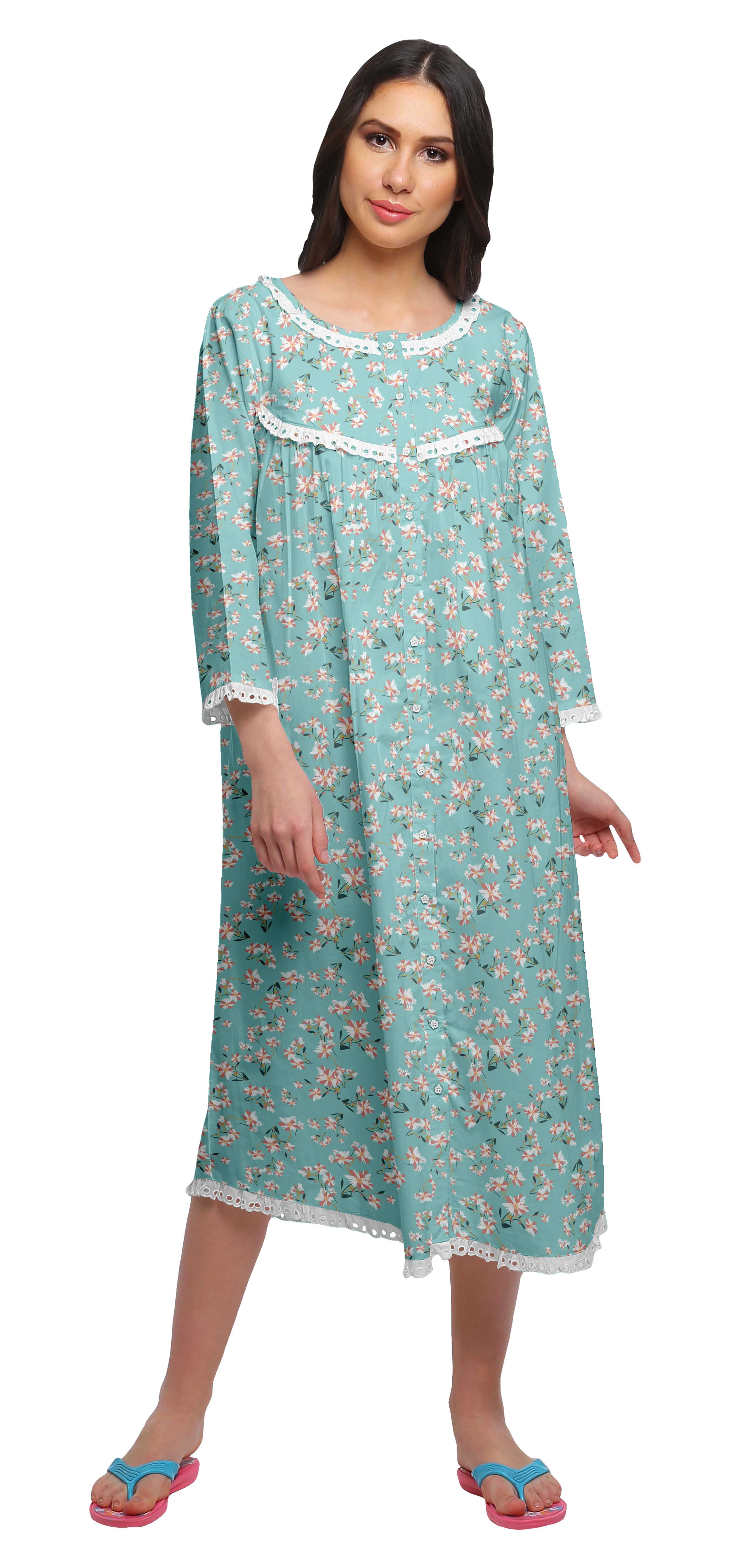 Moomaya Coton Femme Longueur Genou Manches 3/4 Chemise de Nuit Imprimée Tenue de Nuit