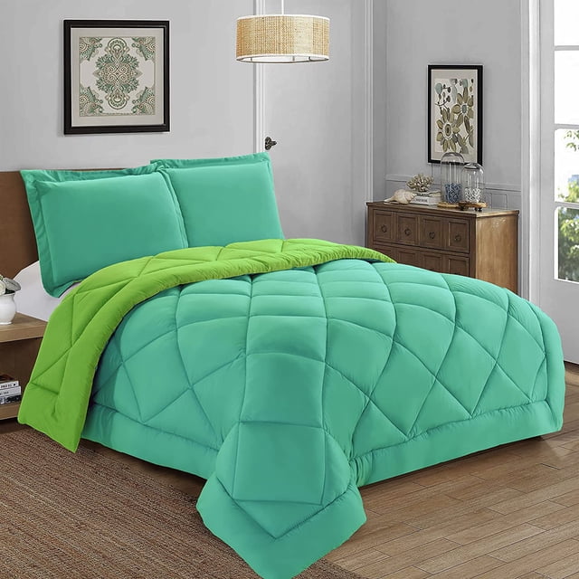 All-Season Comforter Set - Reversible 3-Piece Bedding with Super Soft Down Alternative Fill - Twin/Twin XL Size, Perfect for Year-Round Use, Aqua/Lime