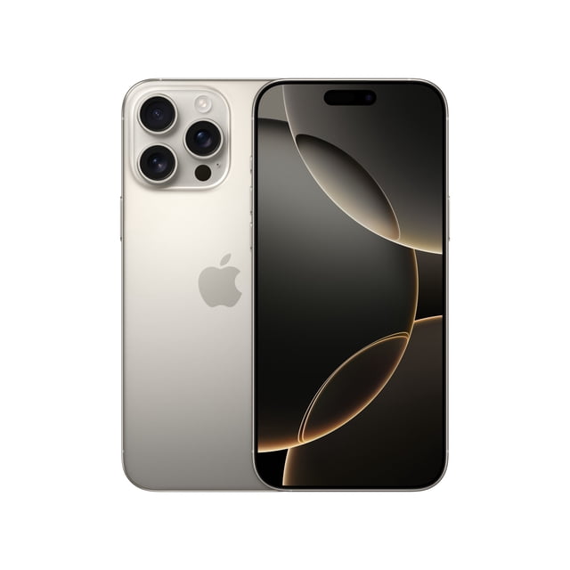 iPhone 16 Pro Max Titanium Natural Titanium 1TB. Front and back view highlighting its durable titanium build and 6.9-inch Super Retina XDR display. Equipped with a 48MP Fusion camera, 4K 120 fps Dolby Vision, and A18 Pro chip for enhanced performance. Supports USB-C and MagSafe charging.
