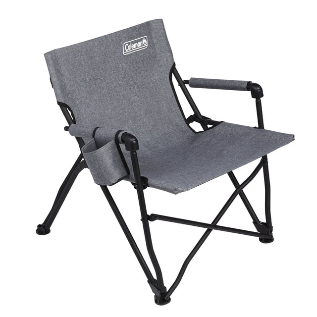 Coleman Forester Series Deck Chair in grey with durable polyester seat and backrest on a strong black steel frame supporting up to 250 lb, featuring padded armrests, oversized cupholder for tumblers, and side storage pouch, ideal for outdoor camping or patio use.