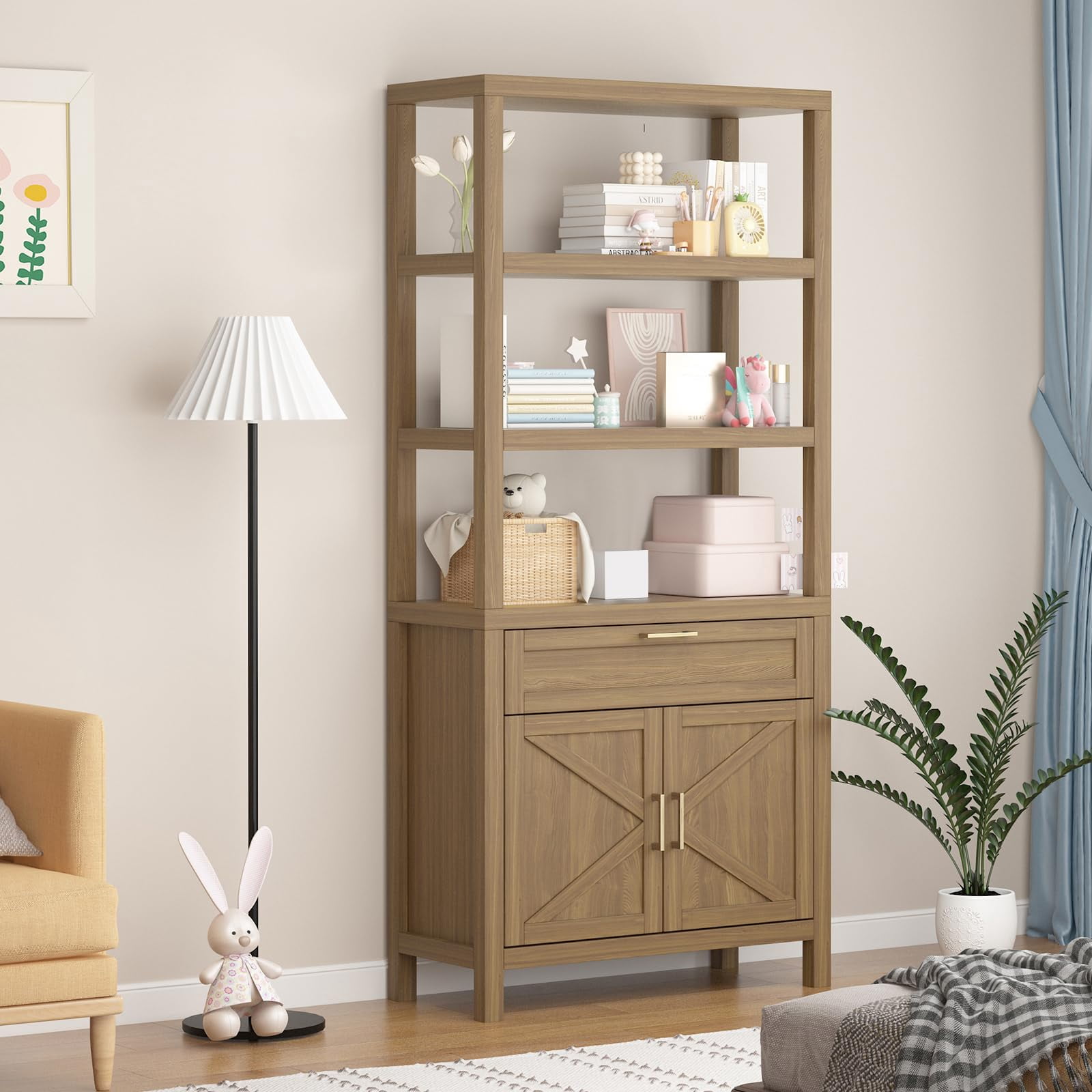BeesClover 71" Bookshelf and Bookcase with Doors, 5 Tier Tall Bookshelf Storage with Cabinet and Drawer, Farmhouse Book Shelf with Storage Cabinet, Wood Freestanding Display Bookshelves for Bedroom