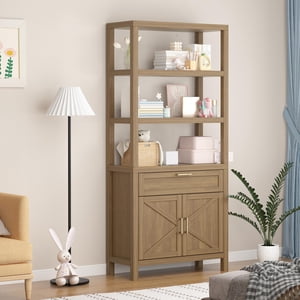 BeesClover 71" Bibliothèque et bibliothèque avec portes, 5 Rangement Tier Tall avec armoire et tiroir, étagère de livre de ferme avec armoire de stockage, étuves de papier d'affichage autonome en bois pour chambre à coucher