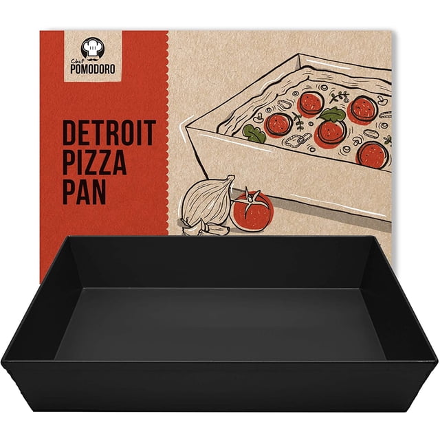 Chef Pomodoro Detroit Style Pizza Pan, 14 x 10-Inch, Hard Anodized Aluminum, Pre-Seasoned Bakeware Kitchenware 14 x 10-inch hard-anodized aluminum Detroit-style deep-dish pan with 2.5-inch sides, pre-seasoned nonstick surface for edge-to-edge caramelized cheese and crispy crust; often used for casseroles, focaccia or extra-thick brownies.