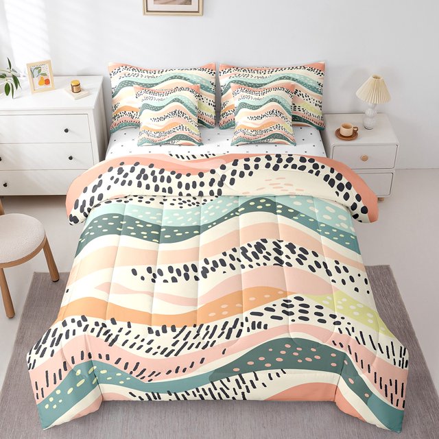 YST Geometric Wave Bed in a Bag 7-Piece Modern Abstract Art Bedding Set, Twin, 7 Count