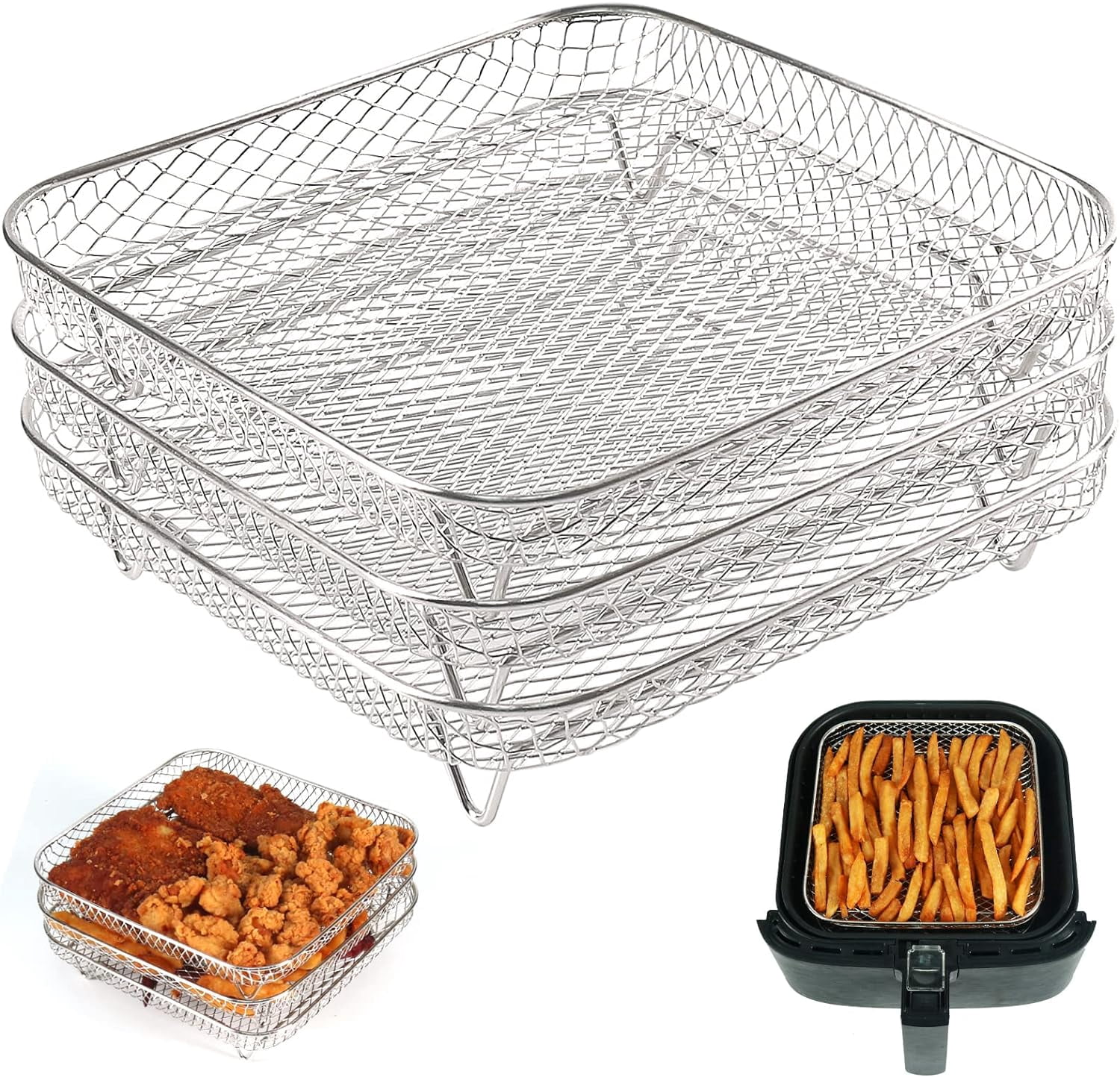 EcoNesxp Stackable Multi-layer Stainless Steel Dehydrator Rack for Instant Vortex Piece Set 8-inch Square Air Fryer Rack 3-piece Grill Rack