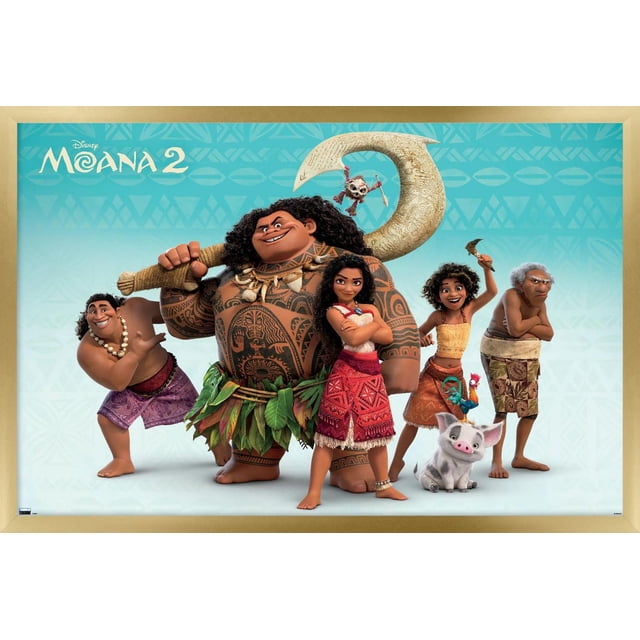 Disney Moana 2 - Affiche Murale de Groupe, 14,725 Pouces x 22,375 Pouces Encadrée Présentant Cinq Personnages Animés de Moana 2 Debout Côte à Côte sur un Fond à Motif tribal Bleu Pâle. la Figurine Centrale Est un Grand Homme Tatoué Tenant un Crochet Sculpté et Portant une Jupe Feuille Verte. à Sa Droite Est une Fille dans une Jupe Rouge et un Haut Blanc avec des Bras Croisés. à Sa Gauche Est un Garçon en shorts Violets et un Collier Coquillage dans une pose Ludique. À Côté de la