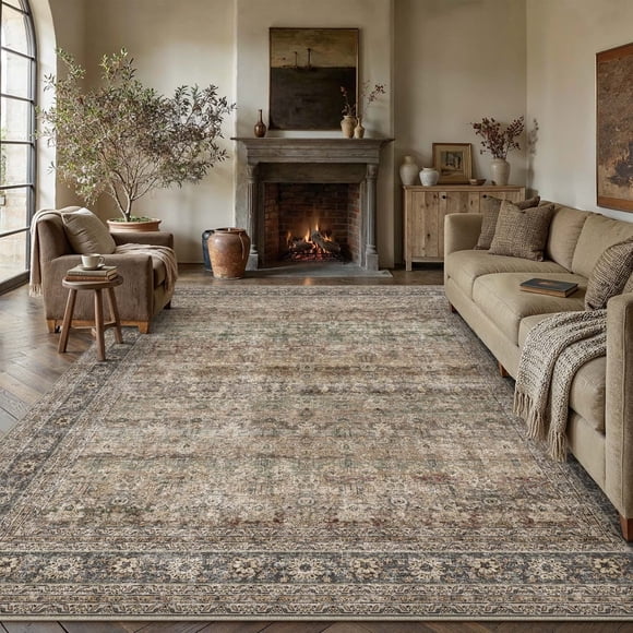 BERTHMEER 9'x12' Area Rugs for Living Room Bedroom Office Dining Room Farmhouse Brown Distressed Oriental Large Vintage Rugs Non Slip Traditional Rugs Carpets Tapis, Brown