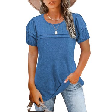 AherBiu T-Shirts pour Femmes à Col Rond, Manches Courtes Bouffantes, Hauts Amples Plissés, Tuniques, Mode Décontractée, T-Shirts Basiques
