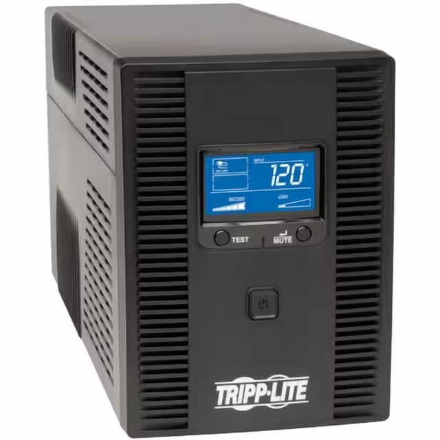Tripp Lite Série SMART1500LCDT Tour UPS avec Boîtier Rectangulaire Noir, Écran LCD Bleu Orienté vers l'Avant Affichant une Tension d'Entrée 120 V, Boutons de test et de Sourdine, Bouton d'Alimentation et logo Tripp Lite Blanc, avec Lattes de ventilation sur les Côtés; Offre une protection contre les Surtensions et une Secours par Pile pour Ordinateurs et Électronique.