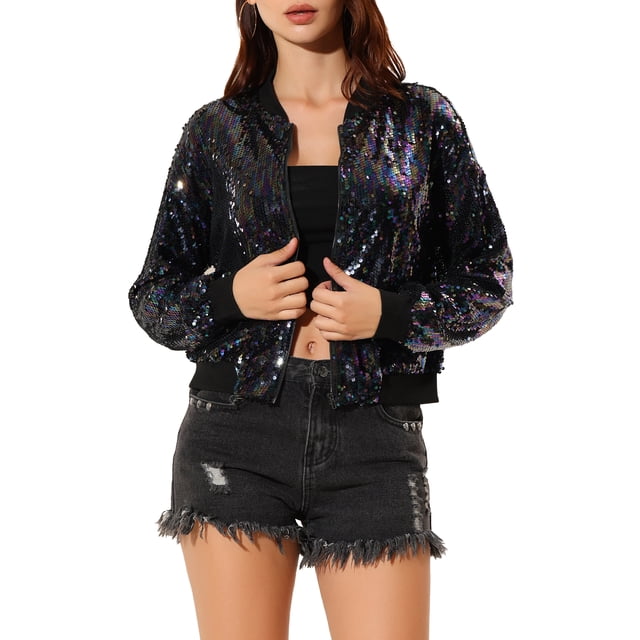INSPIRE CHIC Women's Sequin Jacket Zipper Closure Hidden Pockets Bomber Jacket M Black Rainbow