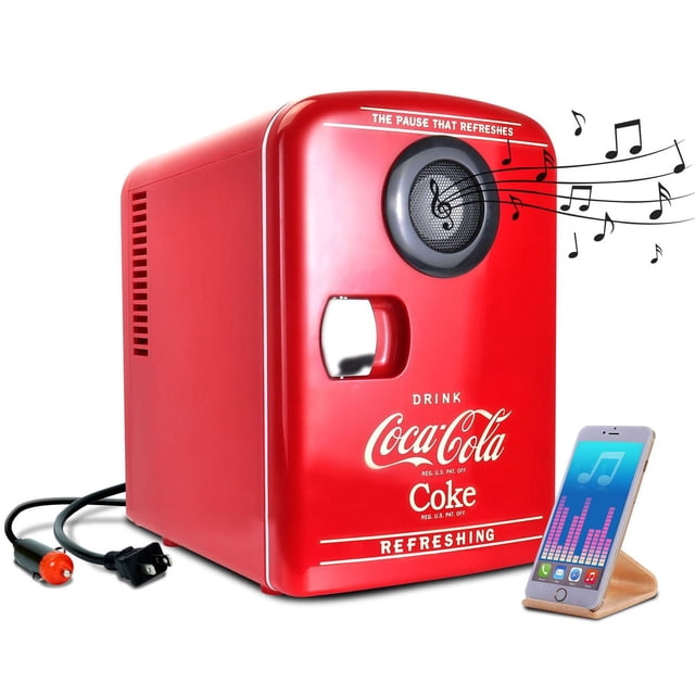 Coca-Cola 6 Can Portable Mini Fridge, Bluetooth Speaker, 4L Cooler/Warmer, Red featuring a compact red mini fridge with retro Coca-Cola branding, built-in circular Bluetooth speaker emitting music notes, chrome handle, and AC/DC power cords, shown with a smartphone streaming music, suitable for home, office, or travel use.
