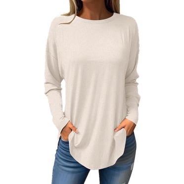 LLYwey Cute Sweatshirts Winter Womens Round Neck Solid Color Fall Blouses Fashion Smocked Long Sleeve Shirts Tops Round Neck Pullover Blouses Shirts Beige XXL