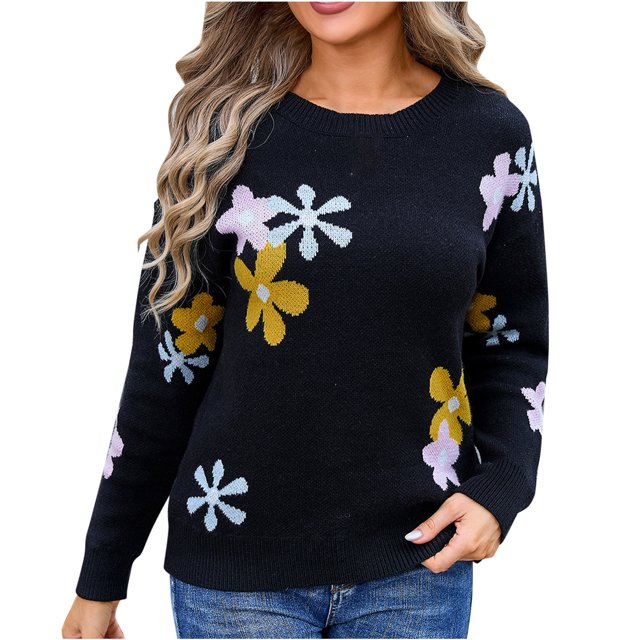 Rbaofujie Chandails à Col Rond pour Femmes Décontractés à Fleurs Brodées à Manches Longues Chandail à Col Rond Noir Chandails pour Femmes Automne